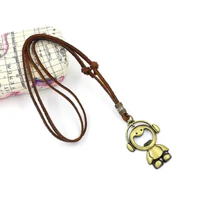 Retro bronze headphone boy pendant necklace on adjustable brown leather cord with opener