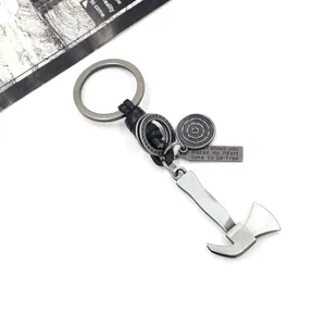 Zinc alloy axe keychain with black leather braided cord and inspirational tag charm