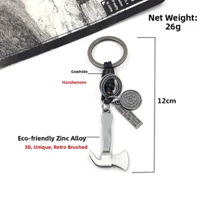 Retro zinc alloy axe keychain with hand-woven leather cord and engraved metal tag
