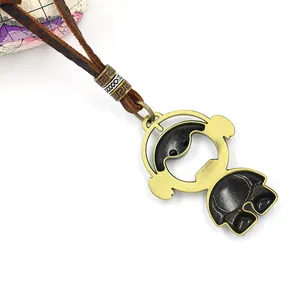 Retro bronze headphone girl pendant necklace with adjustable brown leather cord and beads