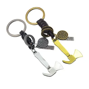 Retro Alloy Axe Keychain With Hand Woven Cowhide Leather Cord Industrial Punk Style Metal Keyring For Men Creative Gift