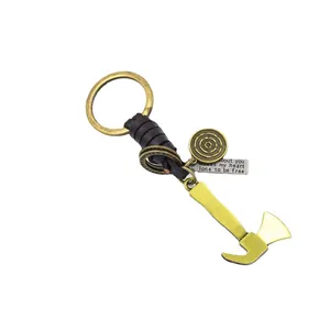 Vintage bronze axe keychain with braided leather trim and engraved metal sentiment plate