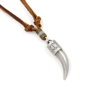 Vintage bronze alloy headphone boy pendant on brown leather cord adjustable necklace