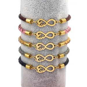Set de 5 pulseras de cuero trenzado con símbolos infinitos y Love dorados en varios colores