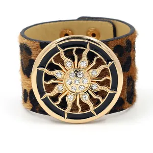 Women Leopard Print PU Leather Wide Cuff Bracelet Gold Metal Sunburst Inlaid Rhinestone Bohemian Fashion Wristband Jewelry