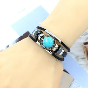 Bohemian multi-layer leather bracelet with turquoise stone and silver vintage beads