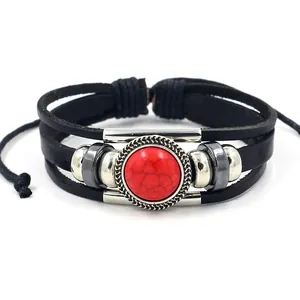 Bohemian multilayer leather bracelet with a large red turquoise stone and beads