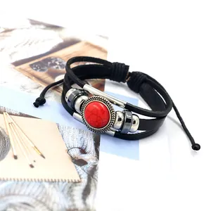 Bohemian multi-layer leather bracelet with red turquoise bead and adjustable braided cord