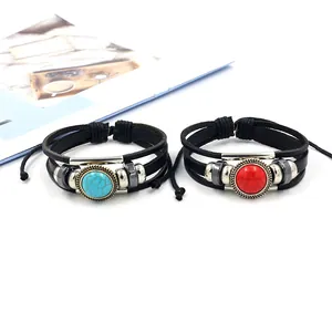 Bohemian multilayer woven leather bracelet set with red and turquoise stones