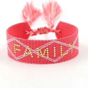 Adjustable Polyester Woven Friendship Bracelet With Tassel Aluminum Patch Letter Ethnic Bohemian Bracelet For Women Men Daily Jewelry