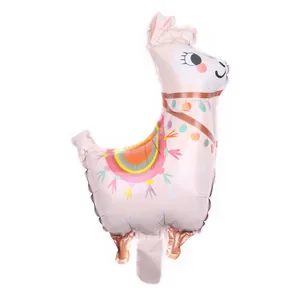 Detailed close-up of a white llama foil balloon with rainbow patterns and colorful tassels