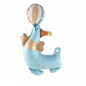 Ballon cirque lion de mer en aluminium bleu avec chapeau rayé rouge pour décoration