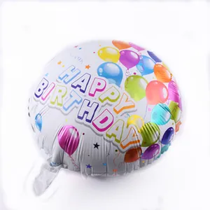 Detail of round foil balloon with Happy Birthday text and colorful star patterns