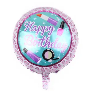 Close-up of foil birthday balloon with pink leopard print and makeup illustrations