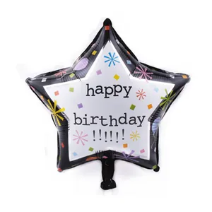 Star-shaped black Happy Birthday foil balloon with colorful rainbow confetti patterns