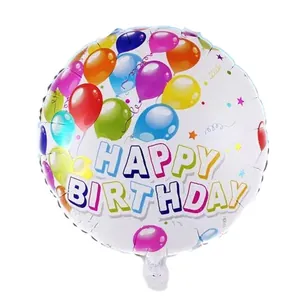 18-inch round Happy Birthday foil balloon with colorful mini balloon patterns on white background