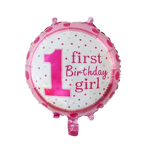Detailed view of pink and white 1st birthday foil balloon with first Birthday girl text