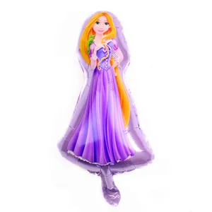 Detail of Rapunzel shaped foil balloon featuring long golden hair for birthday party decor