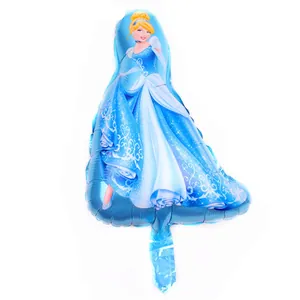 Detail of Cinderella shaped foil balloon in blue and white for birthday decorations