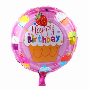 Runder 18-Zoll Happy Birthday Folienballon in Rosa mit Cupcake- und Erdbeermustern
