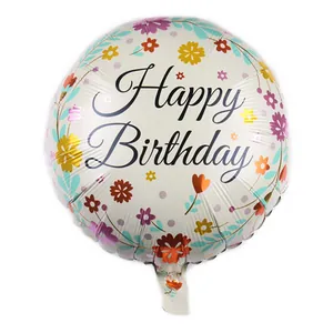 Ballon Happy Birthday rond 18 pouces avec motifs floraux colorés sur fond crème