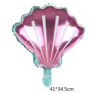 Ballon en aluminium en forme de coquillage rose avec rayures blanches et bleu, 41x34,5cm