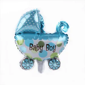 Detailed view of baby stroller shaped foil balloon in blue with Baby Boy text for parties