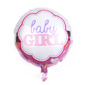 Detailed view of pink and white round foil balloon with baby GIRL printed text decoration