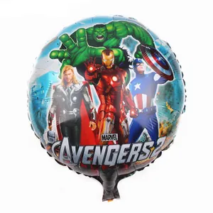 Close-up of a round foil balloon with Marvel Avengers characters on a white background