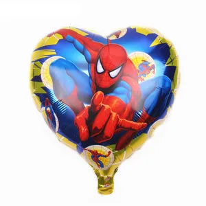 Detail of heart-shaped Spider-Man foil balloon with vibrant comic superhero patterns