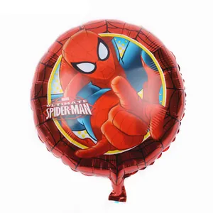 Detail of round red Spider-Man foil balloon with Marvel graphics and shiny metallic finish
