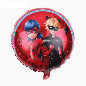 Detailed view of red round foil balloon with Miraculous Ladybug and Cat Noir print
