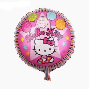 Detail of round Hello Kitty foil balloon with colorful star patterns for birthday parties