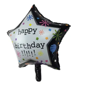 Star-shaped black foil balloon with colorful happy birthday print and dots