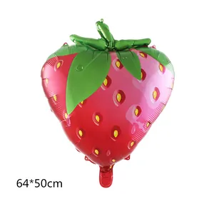 Grand ballon fraise en aluminium 64x50cm rouge avec feuilles pour fête d'anniversaire