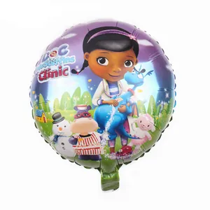Detail view of 18 inch Doc McStuffins foil balloon with colorful printed characters
