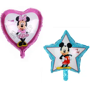 Detail of Mickey and Minnie Mouse aluminum foil balloons with Happy Birthday text