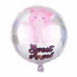 Detail of round light purple foil balloon featuring a cute Sweet Angel bear design