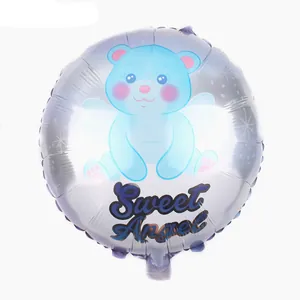 Close-up of a silver foil balloon featuring a blue cartoon bear and Sweet Angel text