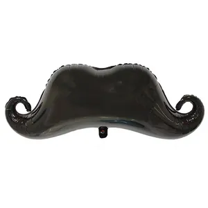 Detail of a black mustache-shaped foil balloon with a shiny metallic finish for parties