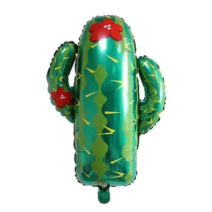 Metallic green cactus foil balloon with red flower accents for birthday party decoration