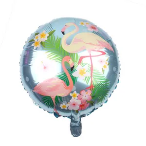 18-inch round pink flamingo foil balloon with tropical palm leaves for party decor