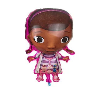 Detail showing Doc McStuffins characters printed on a pink foil party decoration balloon