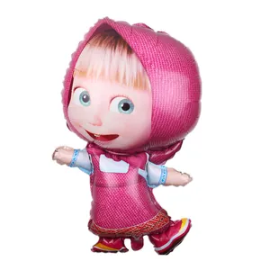 Detail of round Mylar foil balloon featuring a cartoon girl in a pink headscarf and dress