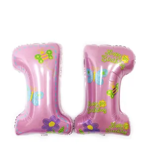 Ballons chiffre 1 en aluminium rose avec texte Happy 1st Birthday et papillons
