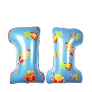 Ballon chiffre 1 bleu en aluminium avec ours et fusée pour premier anniversaire