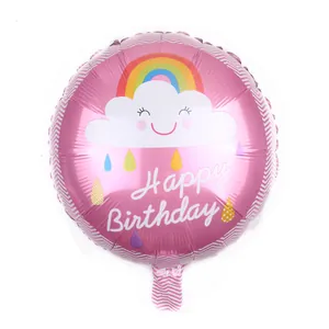 18 inch round rainbow birthday balloon with Happy Birthday cloud design in pink