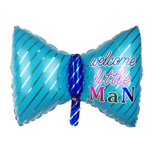 Ballon nœud papillon bleu avec rayures dorées et texte Welcome Little Man pour bébé