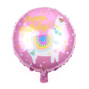Pink round foil balloon with cute cartoon alpaca and gold Happy Birthday text for parties