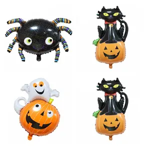 Halloween foil balloon set with spider, black cat on pumpkin and ghost on pumpkin shapes